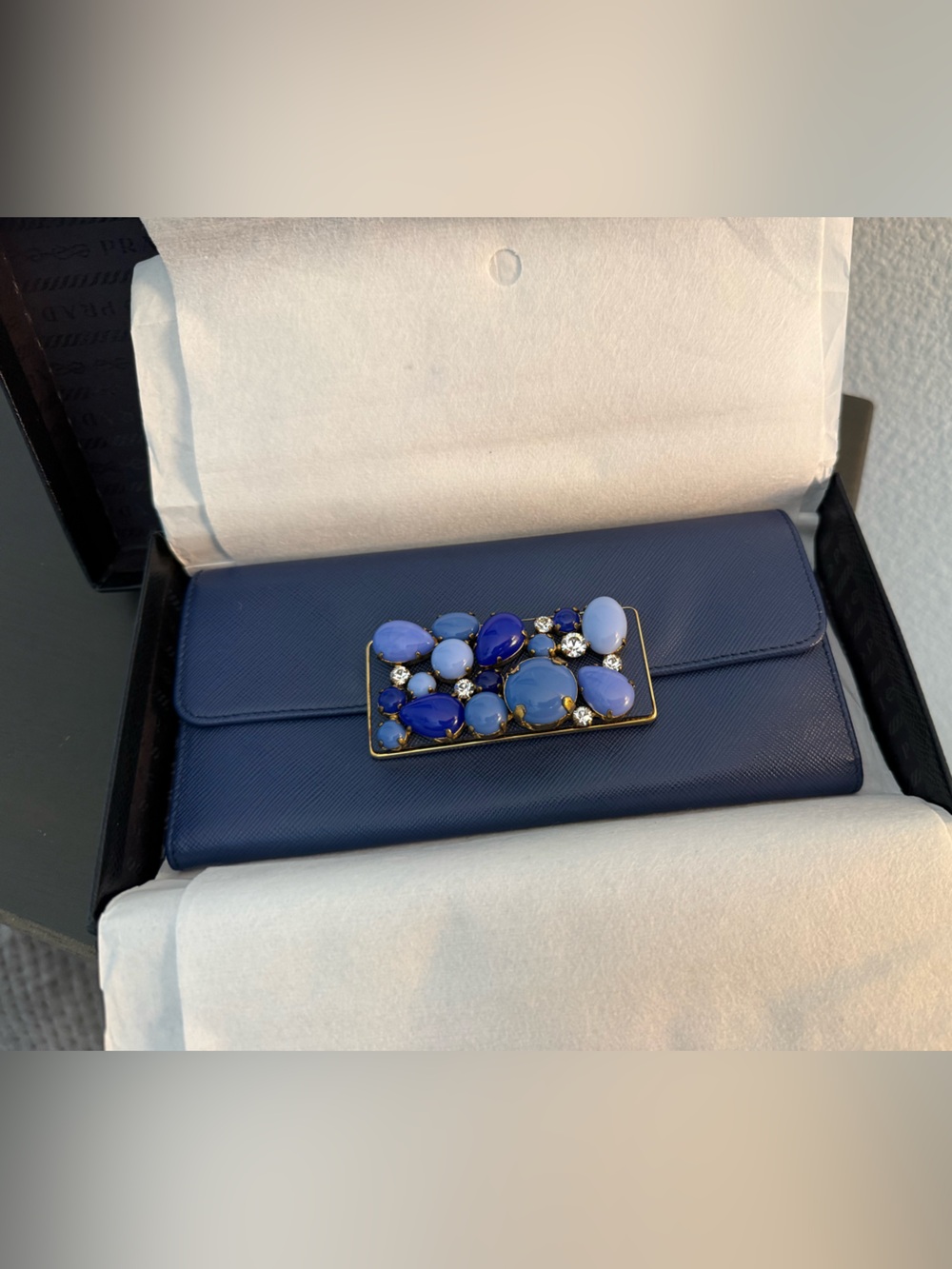 Prada Saffiano Leather Jeweled Wallet Blue Crystal Clutch W Box - Picture 4 of 7